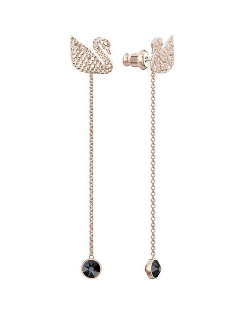 Swarovski Iconic Swan Pierced Earrings Black Rose Gold Plating Swarovski Iconic Swan Pierced Earrings Black Rose Gold Plating