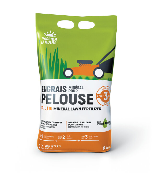 Engrais minéral pour pelouse (10-0-15) Étape 3 | Prépare la pelouse pour l’hiver