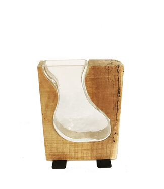 Vase de verre et base de bois 9 pouces