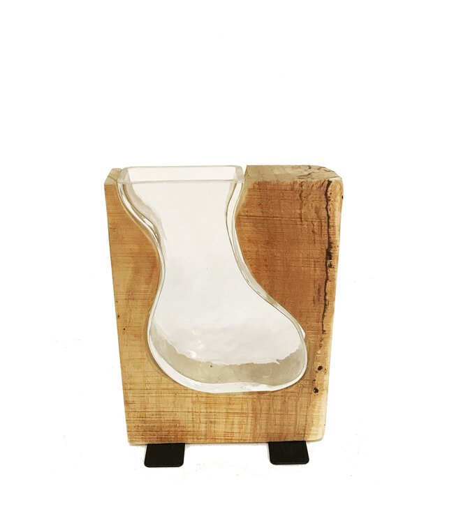 Vase de verre et base de bois 9 pouces