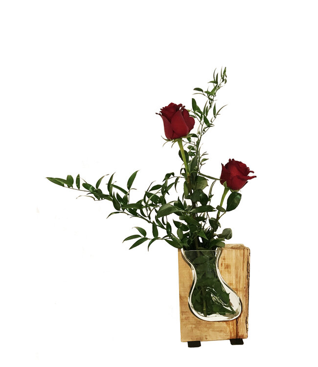 Vase de verre et base de bois 9 pouces