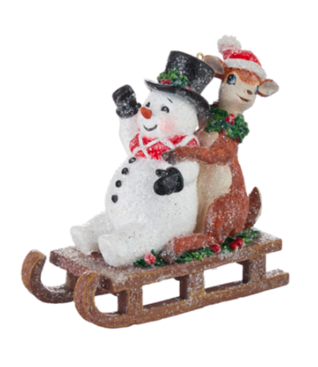 Ornement bonhomme de neige et cerf en traineau