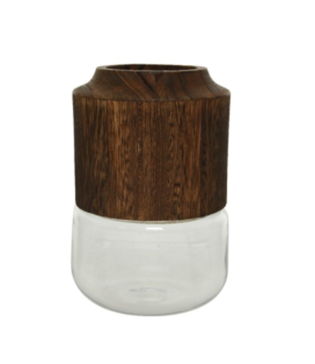 Vase de verre et bois