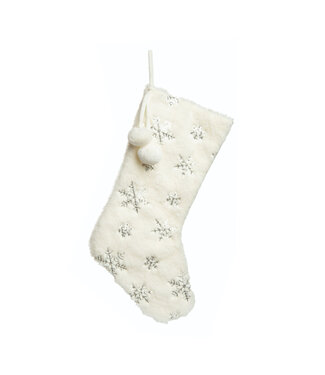 Bas de Noël blanc à flocons argent et pompons