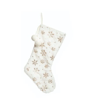 Bas de Noël blanc à flocons or avec pompons