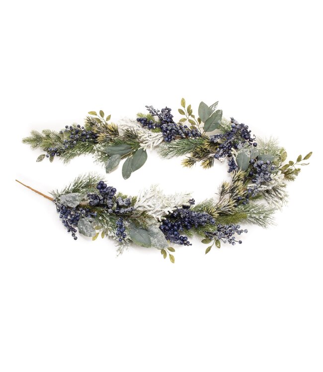 Guirlande de verdure et baies bleues givrée 5,5 pi