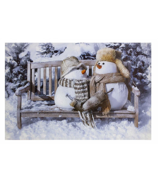 Cadre LED bonhommes de neige sur banc 24 x 16 po