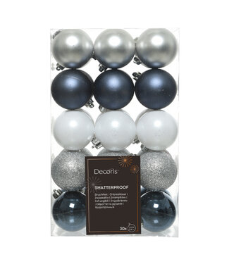 Boules plastique argent, blanc et bleu (30 u.)