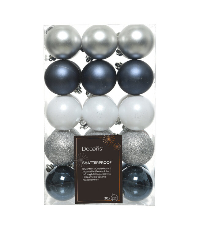 Boules plastique argent, blanc et bleu (30 u.)