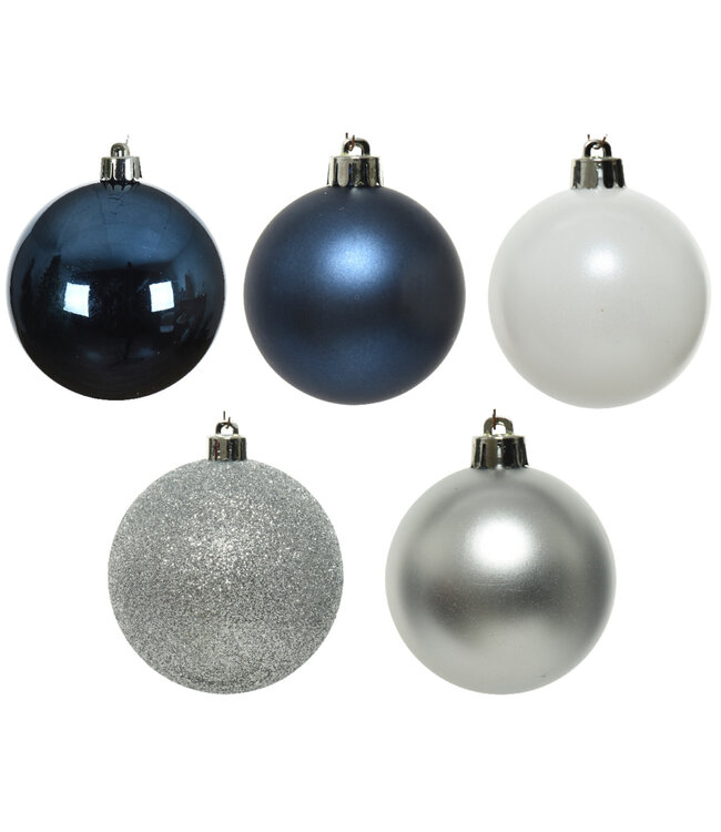 Boules plastique argent, blanc et bleu (30 u.)