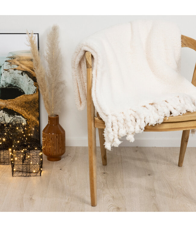 Couverture blanche avec franges 5,5 x 4,5 pi