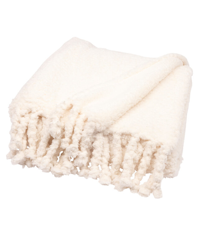 Couverture blanche avec franges 5,5 x 4,5 pi