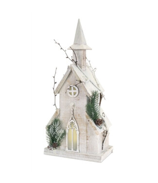 Église en bois blanc illuminée 18,75 po