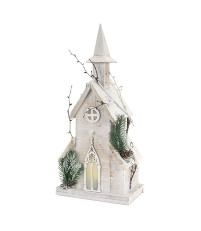 Église en bois blanc illuminée 18,75 po