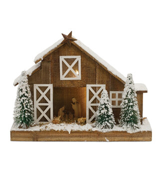 Étable et crèche en bois illuminée 15 po
