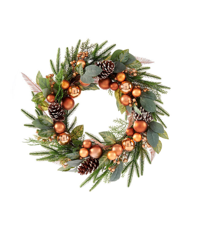 Couronne de Verdure avec Boules Orange - Décoration Festive Élégante 18 po