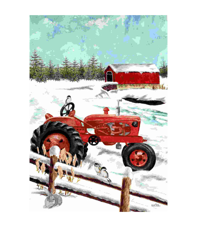 Drapeau - Tracteur rouge en hiver 28 x 40 po