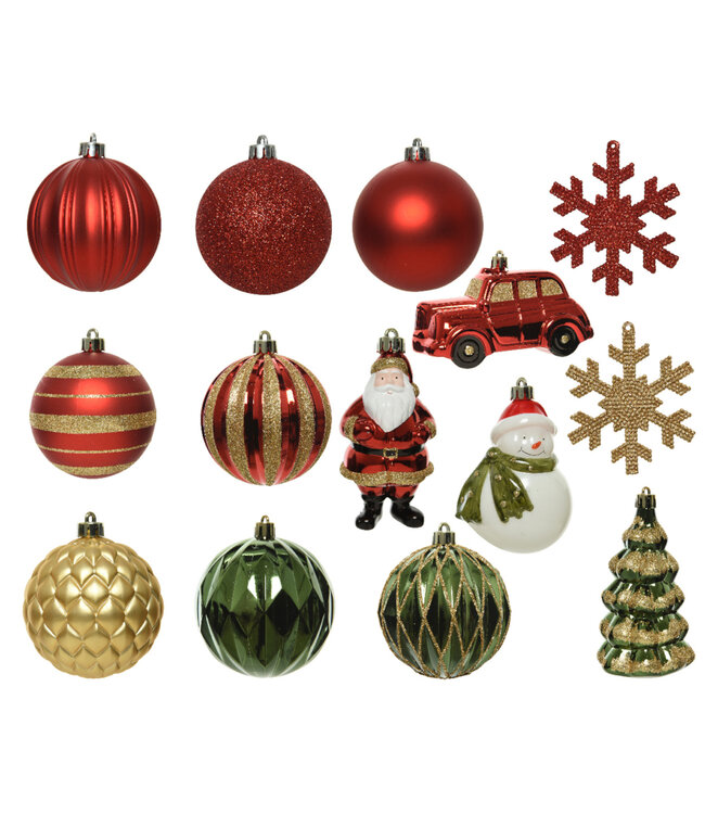 Ensemble de 25 ornements rouge, vert et or