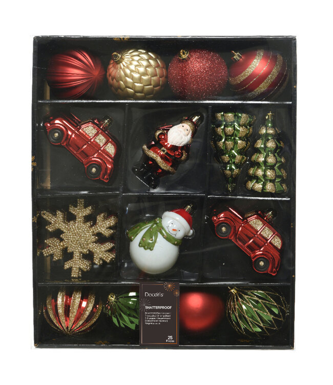 Ensemble de 25 ornements rouge, vert et or
