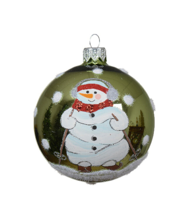 Boule de verre rouge ou verte bonhomme de neige (6 ass.)