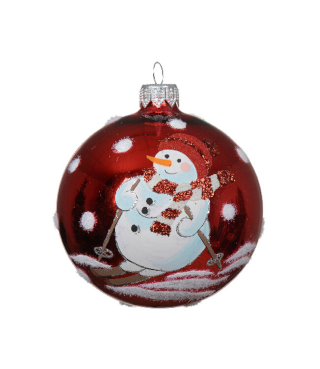 Boule de verre rouge ou verte bonhomme de neige (6 ass.)