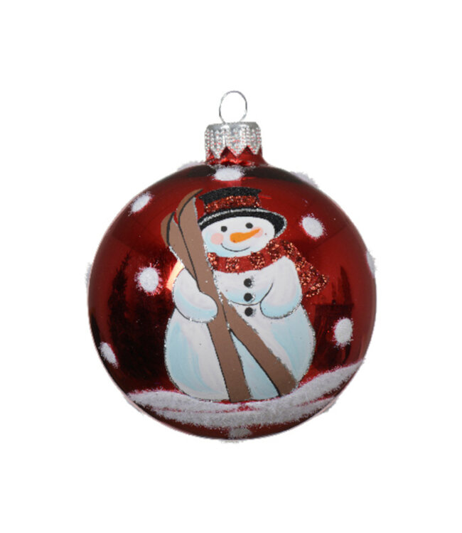 Boule de verre rouge ou verte bonhomme de neige (6 ass.)
