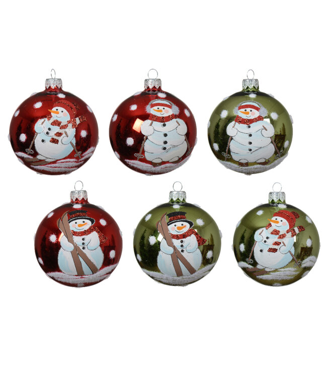 Boule de verre rouge ou verte bonhomme de neige (6 ass.)