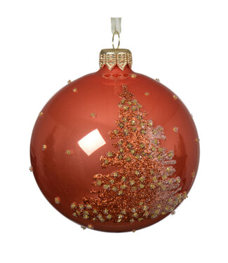 Boule de verre orange, motif sapin 3 po