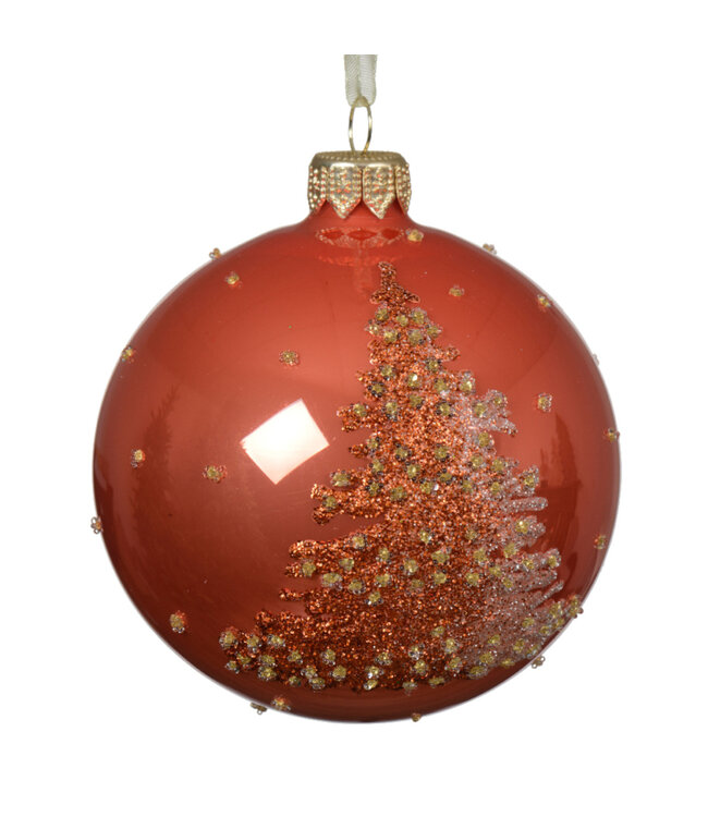 Boule de verre orange, motif sapin 3 po