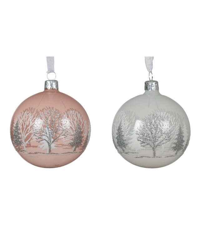 Boule de verre forêt enneigée rose ou blanche 3 po