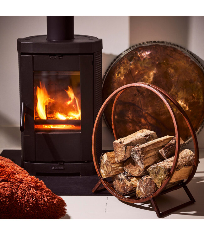 Support à Bûches Rond en Finition Rouille | Art et Chaleur Réunis