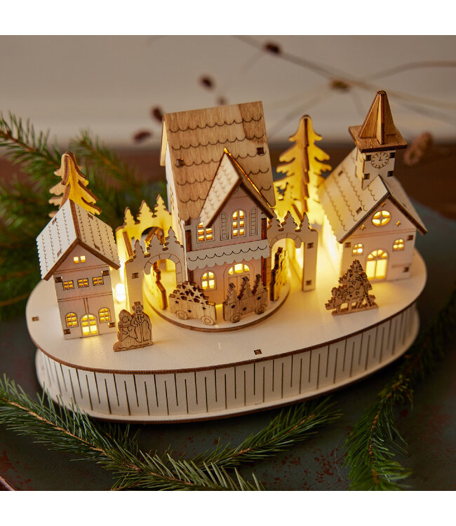 Scène village et train LED en bois | Décoration féérique de Noël