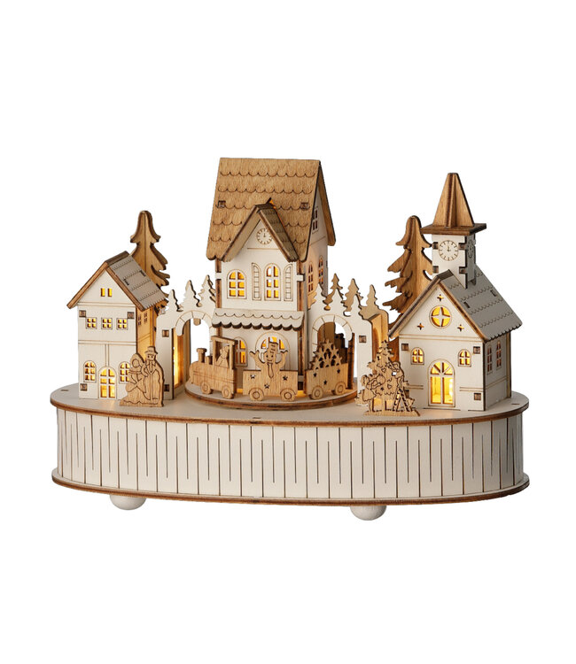 Scène village et train LED en bois | Décoration féérique de Noël