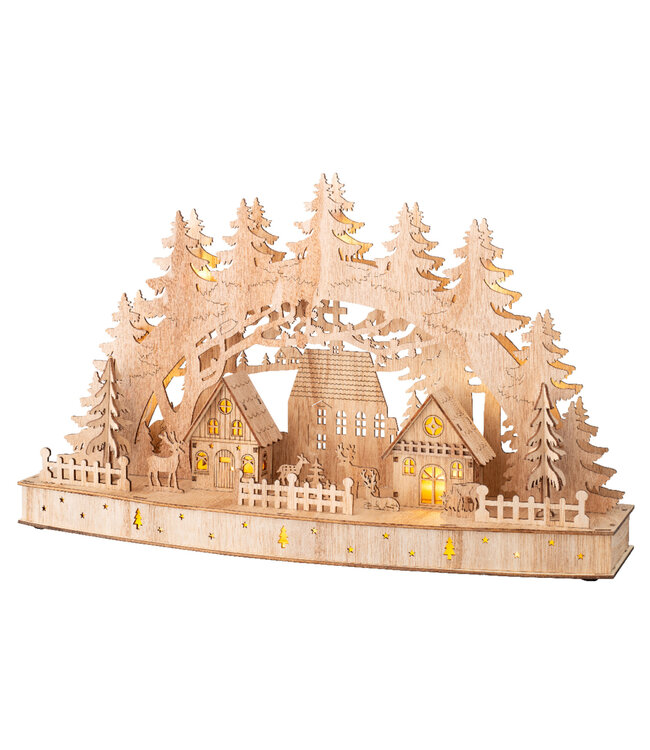 Scène village et chevreuil LED en bois | Décor féérique de Noël