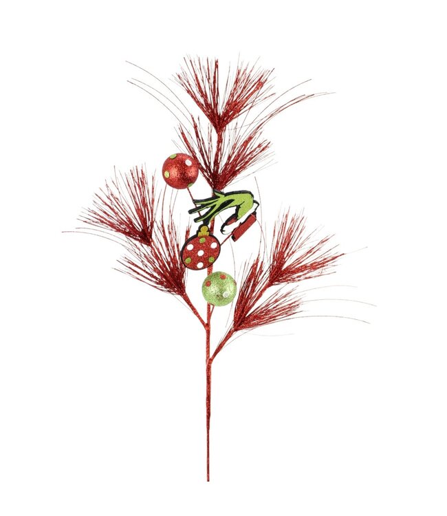 Tige pin rouge avec main de Grinch | Branche festive et colorée