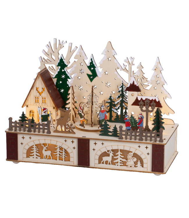 Scène  patin et ski LED en bois blanc | Décor féérique de Noël