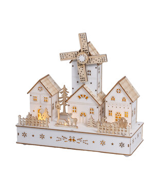 Village moulin à vent en bois blanc LED