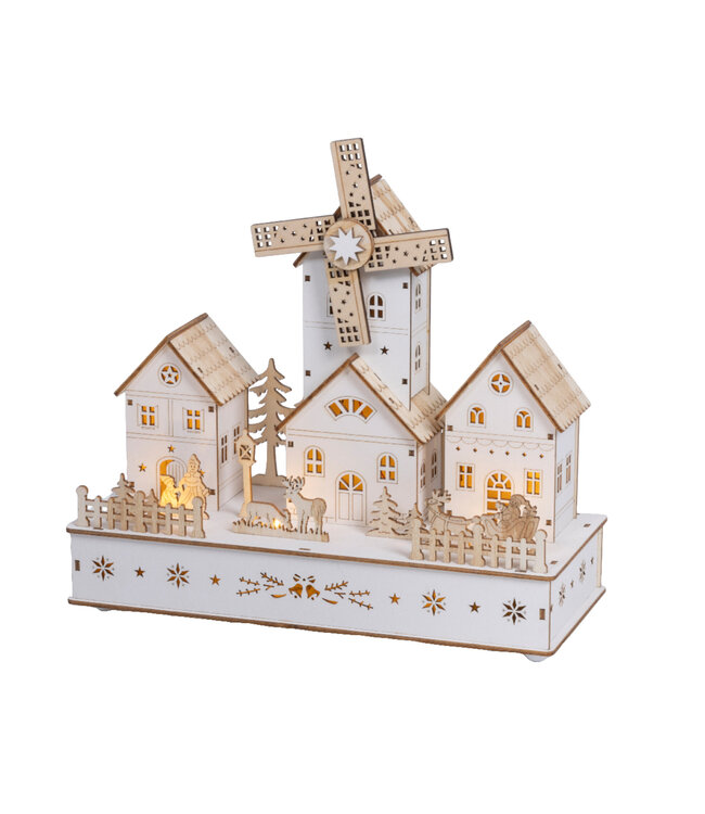 Village moulin à vent en bois blanc LED | Décor lumineux et enchanteur