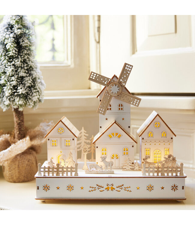 Village moulin à vent en bois blanc LED | Décor lumineux et enchanteur
