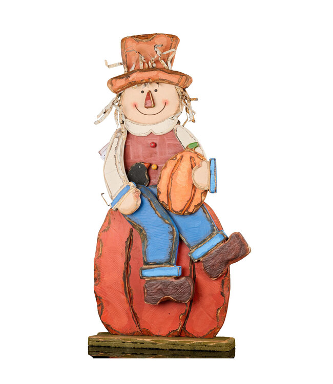 Épouvantail en bois assis sur citrouille | Décoration Halloween rustique