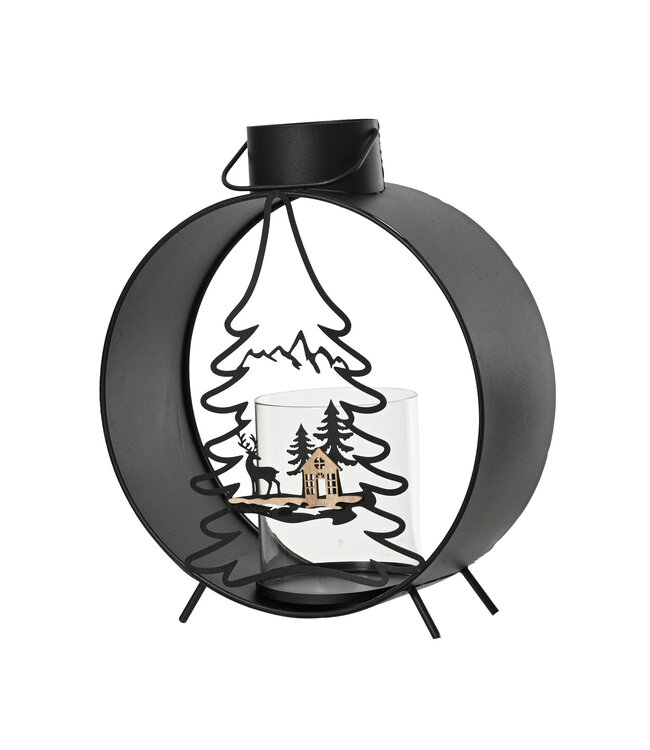 Lanterne ronde en métal- sapin et renne | Décoration chaleureuse