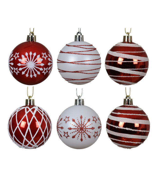 Boule à motifs rouge et blanche (6 ass.) | Décoration suspendue festive de Noël