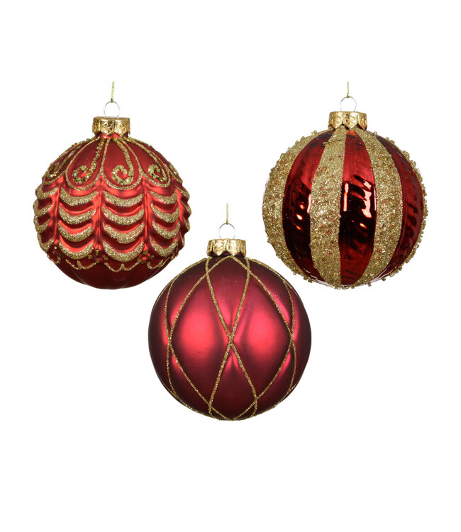 Boule rouge aux motifs dorés (3 ass.) | Ornement de Noël à suspendre