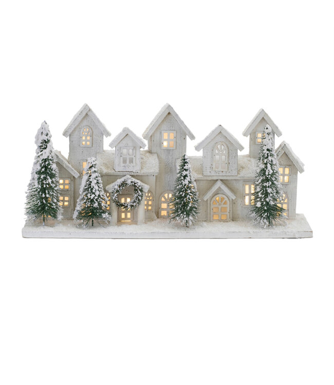 Maison blanche enneigée led avec 4 sapins | Noël lumineux