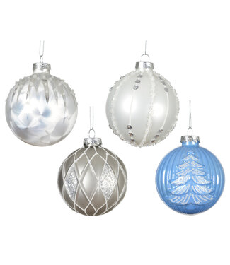 Boule de verre motifs bleu, blanche ou grise  (4 ass.)