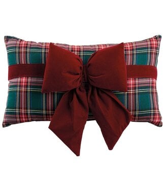 Coussin carreauté rouge et vert avec boucle velours