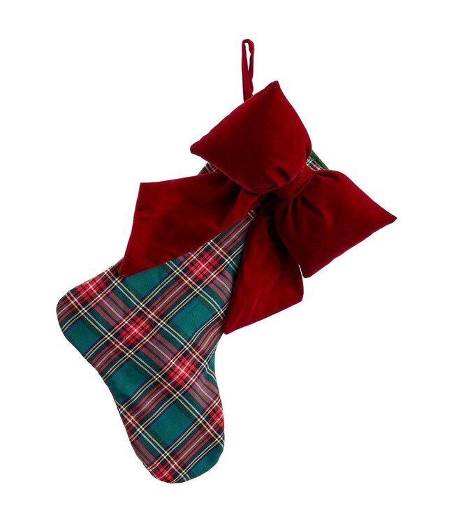 Bas de Noël carreauté rouge et vert avec boucle velours | Bas de Noël
