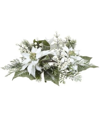 Chandelier poinsettia blanc, baies et verdure givrée
