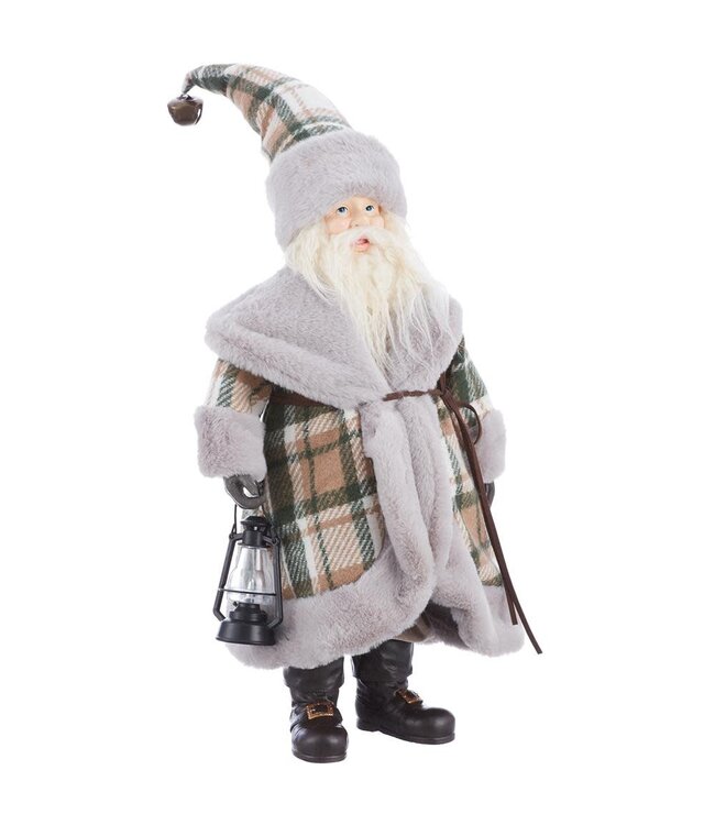 Père-Noël manteau carreaux et fourrure avec lanterne | Personnage de Noël