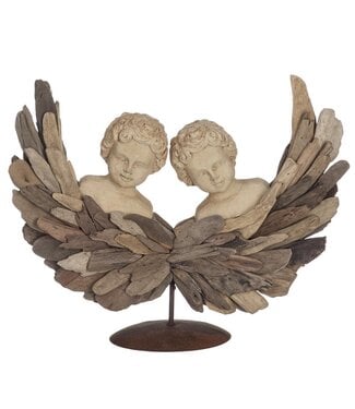 2 anges et ailes en bois sur base de métal noir